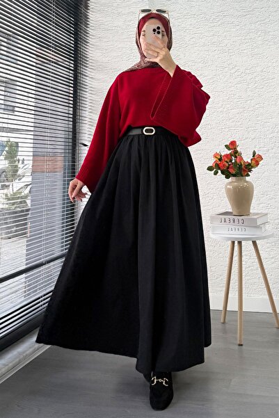 MELEK ARAZ Ribbed Detailed Pocketed Poplin Skirt – Black