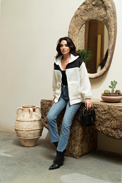 Serica Moda Ecru Garni Detailed Zippered Plush Coat