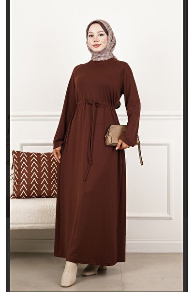 Serra Women's Brown Color Waist Tie Detailed Pocketed Hijab Dress