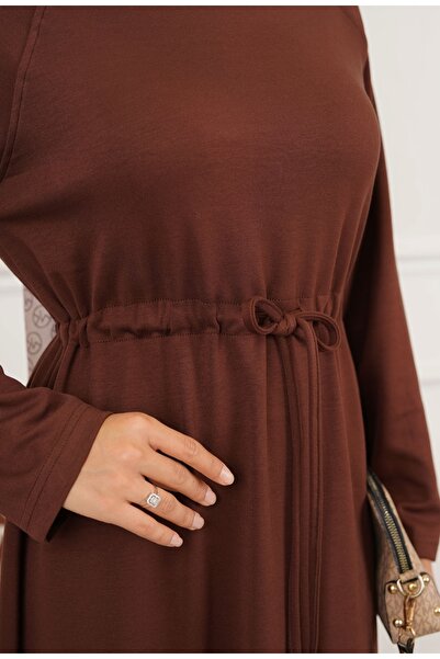 Serra Women's Brown Color Waist Tie Detailed Pocketed Hijab Dress