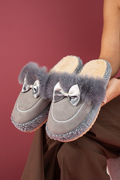FUGA MODA Lufina Gray Bowknot Fur Collar Silent Sole House Slippers with Saddle Detail