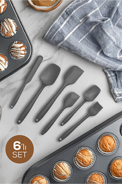 Vienev 6 Parça Silikon Mutfak Spatula Fırça Seti Gri