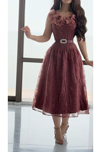 Opera Fashion فستان ميدي طوبي اورجانزا مطرز بورود بالصدر