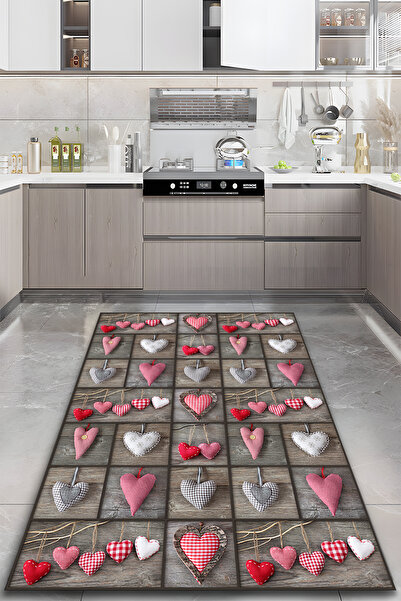 Kessy Home Studio Süslü Kalpler Mutfak Halısı Dijital Baskı Kaymaz Taban Halı...
