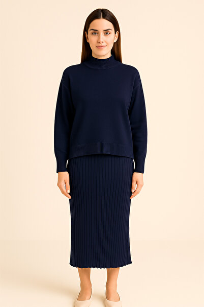 Nuevo Tamnoplavi Ribana Teksturirano set pletenog trikotaža sa rolkolicima – ...