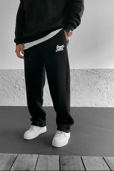 prtnc protonic Baggy 3 İplik Eşofman Altı Siyah Bol Paça Şardonlu Baskılı