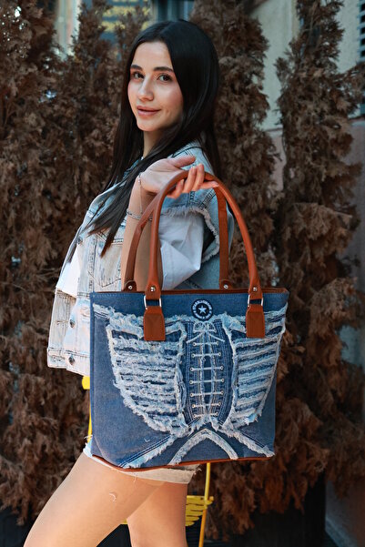 StarBlueMooN Denim Shoulder Bag Leather Handle Embroidery Design with Inner P...