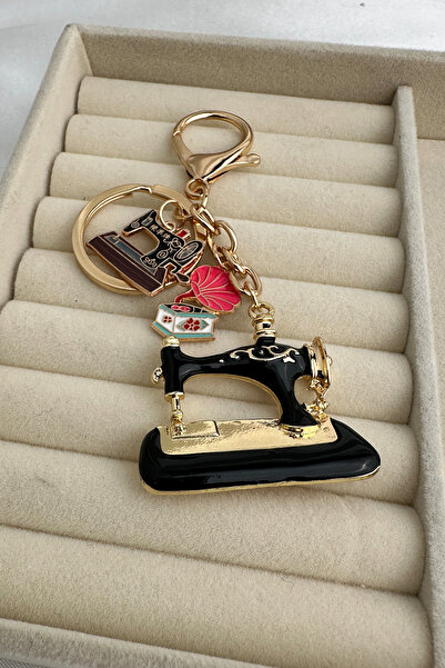 Modex Golden Yellow Tailor Themed Black Sewing Machine Bag Accessory Keychain