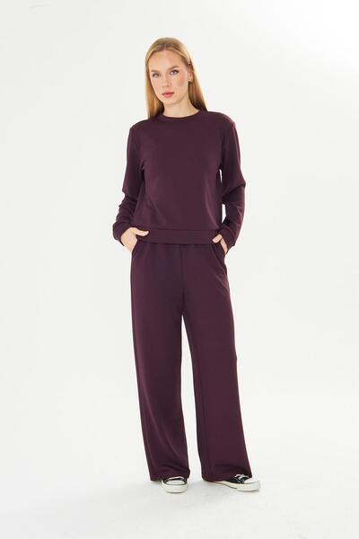 TRENDHİLL Women's Modal Fabric Comfortable Fit Tracksuit Set Burgundy 8510-Bo