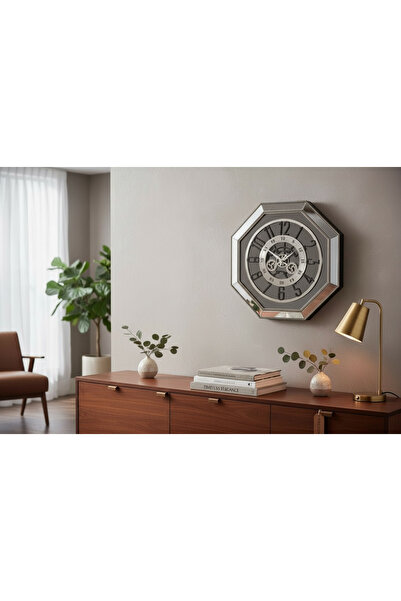 Amisos Dekor 8gen Aynalı Duvar Saati 66 cm – Gümüş Çerçeve Füme Ayna Dekorati...