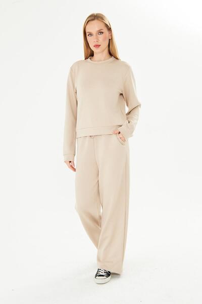 TRENDHİLL Women's Modal Fabric Comfortable Fit Tracksuit Set Beige 8510-B