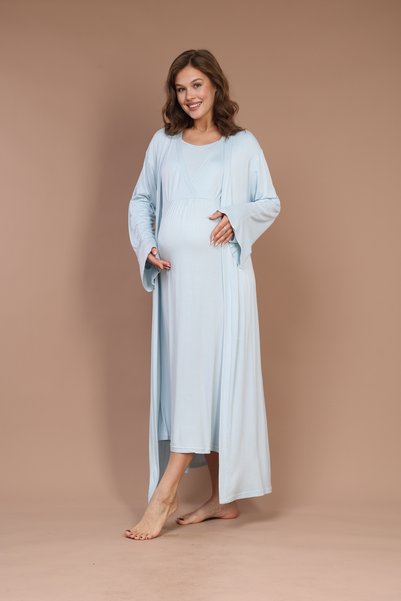 Lohusa Dünyasi Women's Nursing Pocketed Collar 2-Piece Maternity Nightgown and Dressing Gown Set