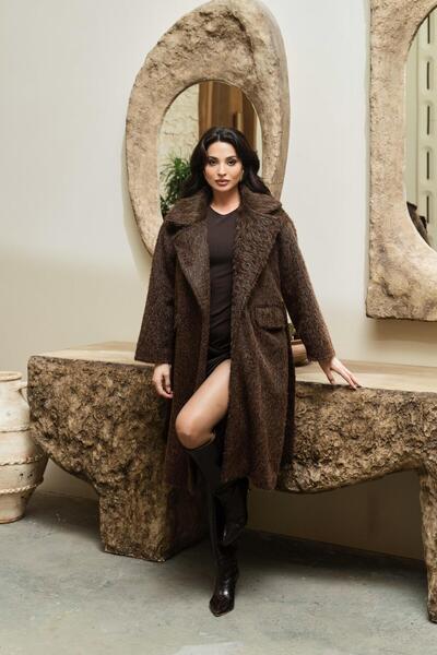 Serica Moda Brown Belted Midi Length Faux Fur Oversized Coat