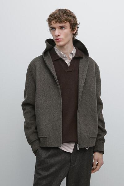 Massimo Dutti Çift kumaş kapüşonlu yün karışımlı ceket