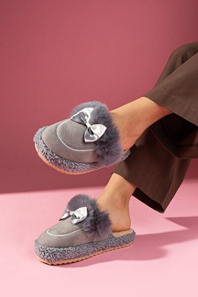 FUGA MODA Lufina Gray Bowknot Fur Collar Silent Sole House Slippers with Saddle Detail