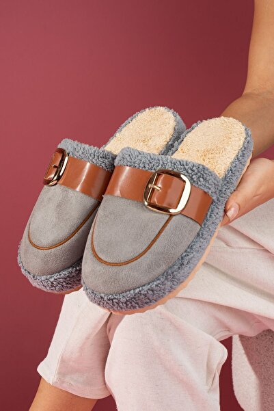 FUGA MODA Puffita Gray Gold Buckle Belted Silent Sole House Slippers with Saddle Detail