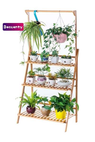 Beauenty Bamboo 3-Tier Hanging Plant Stand - Folding Plant Shelf