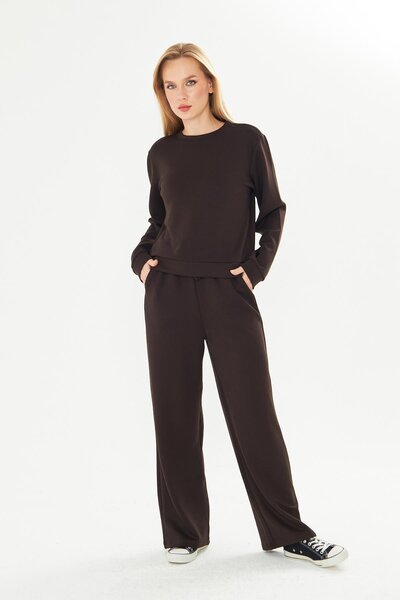 TRENDHİLL Women's Modal Fabric Comfortable Fit Tracksuit Set Brown 8510-K