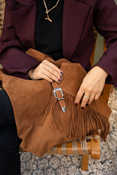 LAMİNTA Teby Taba Suede Women's Tasseled Genuine Leather Shopier Bag