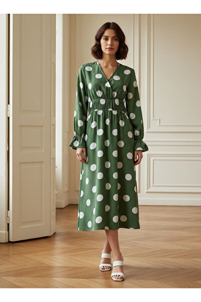 FAV Polka Dot Print Midi Dress with Long Sleeves and Cinched Waist Detail