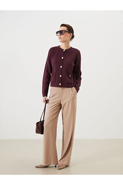 LC Waikiki Modest Plum Crew Neck Women's Knitwear Cardigan