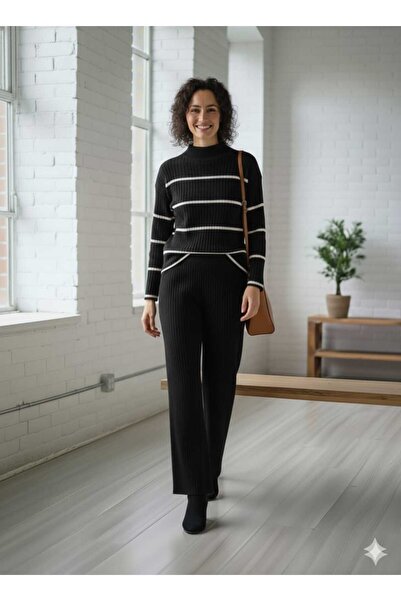 Cemre Life New Deux Women's Striped Sweater Pants Knitwear Set