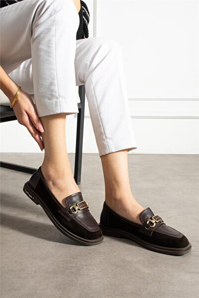 Aselin Ayakkabıları حذاء لوفر للنساء من الجلد الأصلي باللون البني بكعب قصير غ...