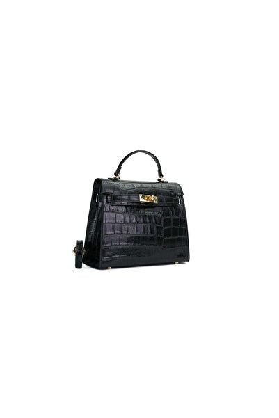 Posete Fagaras Thea Croco Baby Leather Purse - Black, Casual Bag Made of Genuine Leather, Handbag, Bags