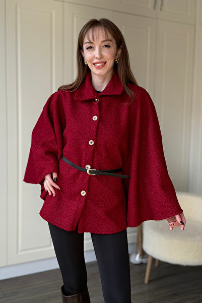 Dilay Gökoğlu Butik Detachable Belt Boucle Burgundy Poncho