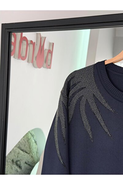 BÜRDE Lacivert Renk Taş Detaylı Merserize KadınElbise