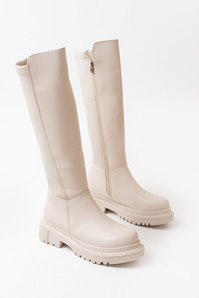 Zerenyus Beige Premium Women's Boots with Stretch Zipper on the Back