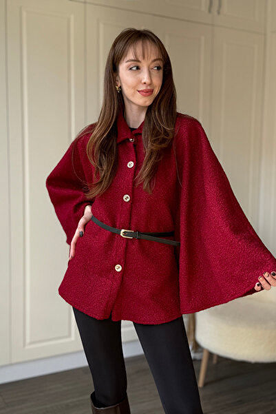 Dilay Gökoğlu Butik Detachable Belt Boucle Burgundy Poncho