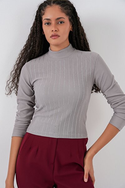 Hiccup Bdart Stoned Mock Neck Long Sleeve Top