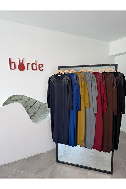 BÜRDE Lacivert Renk Taş Detaylı Merserize KadınElbise