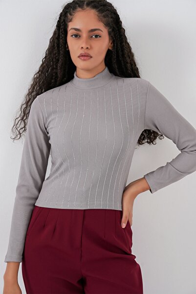 Hiccup Bdart Stoned Mock Neck Long Sleeve Top
