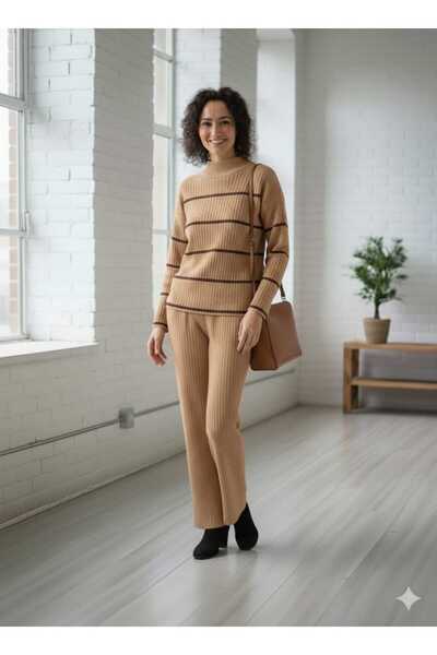 Cemre Life New Deux Women's Striped Sweater Pants Knitwear Set