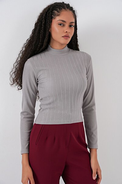 Hiccup Bdart Stoned Mock Neck Long Sleeve Top