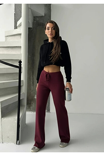 zarifkadın Fit comfort beige loose trousers burgundy a6011