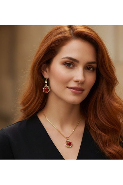 SedTa Kırmızı Şık Tasarımlı Kolye-Küpe Seti