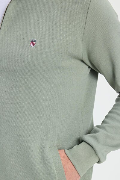 Tudors Men's Slim Fit Slim Fit Cotton Full Zip Double Pocket Mock Neck Green Sweatshirt Cardigan