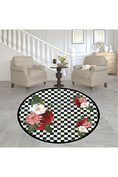 GNL HOME Yuvarlak çiçekli desen siyah halı