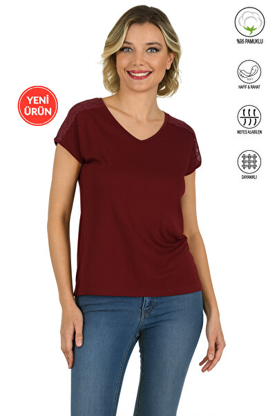 ÖZKAN underwear Özkan 25465 Women's Burgundy Vorteks Viscose Premium Fabric Stretch Fabric Shoulder Lace Detailed Knitted Blouse