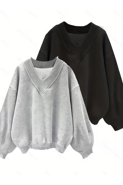 FUWEAR Kadın Siyah - Gri 2 Renk V Yaka Oversize Sweatshirt