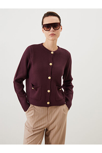 LC Waikiki Modest Plum Crew Neck Women's Knitwear Cardigan