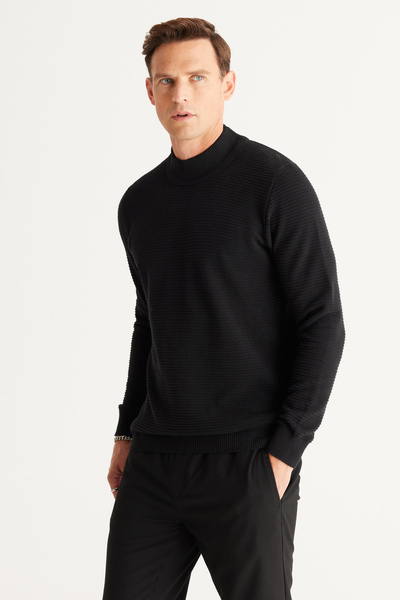 AC&Co / Altınyıldız Classics Black Standard Fit Half Turtleneck Cotton Patterned Knitwear Sweater