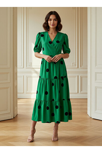 FAV Polka Dot Print Midi Tiered Dress with Short Sleeves and Tie-Up Detail