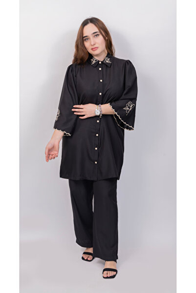 LINELLE Ladies Co-Ord Set – Soft Crepe Black Shirt with Floral Embroidery on Collar and Sleeves, Solid Pant