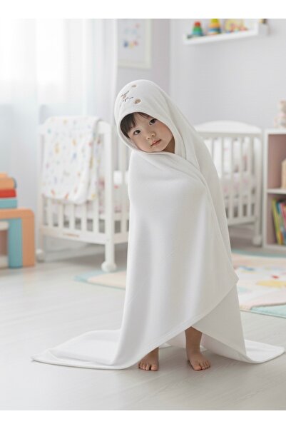 Butik Kapüşonlu Bebek Banyo Havlusu Beyaz – Ultra Yumuşak, Su Emici, Yeni Doğ...