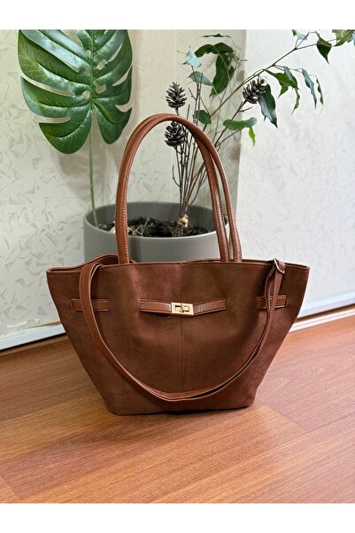 Bagnest Suede Women's Shoulder Bag with Lock Detail on the Front