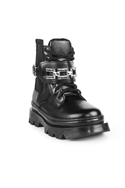 nuvora حذاء بناتي أسود مبطن بالريش – بسحاب ورباط، حذاء شتوي بنعل سميك